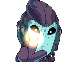 a cartoon drawing of a purple and blue alien with a light coming out of his finger