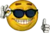 a smiley face wearing sunglasses is giving a thumbs up sign .