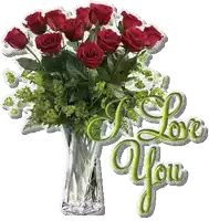 a bouquet of red roses in a vase with the words " i love you " above it