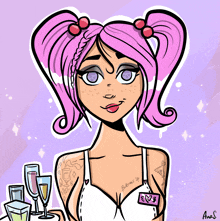 a cartoon drawing of a girl with pink hair and a name tag that says buttons up