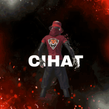 a man wearing a red shirt with a tiger on the back is standing in front of a sign that says chat