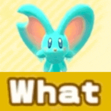 a blue rabbit with orange ears is sitting on a yellow background next to the word what .