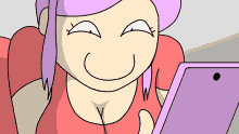 a cartoon drawing of a woman with purple hair looking at a tablet