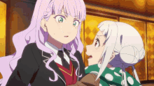 a girl with purple hair and a girl with white hair are standing next to each other