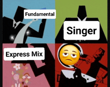 a collage of four cartoon characters with the words fundamental singer express mix and a sad face