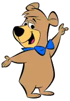 a cartoon bear wearing a blue bow tie is smiling and pointing