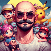 a man with a beard and sunglasses is surrounded by cartoon characters