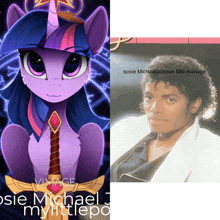 a poster of twilight sparkle next to a poster of michael jackson