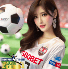 a woman in a soccer jersey that says sbobet