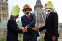 a dog with a yellow bag on its head shakes hands with two men