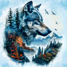 a painting of a wolf with trees and mountains in the background