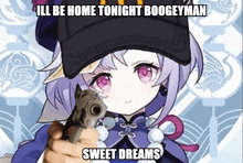 a person is holding a gun in front of a girl with purple hair and a hat .