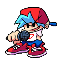 a cartoon boy is holding a microphone and wearing a red hat .