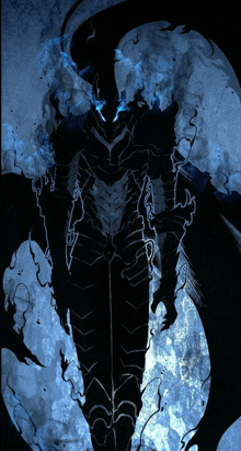 a silhouette of a demon with blue eyes and a long black tail