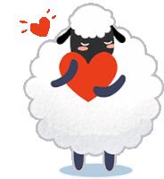 a black and white sheep is holding a large red heart .