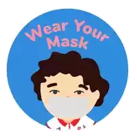 a sticker that says wear your mask with a boy wearing a face mask