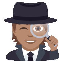 a man wearing a hat and a suit is looking through a magnifying glass