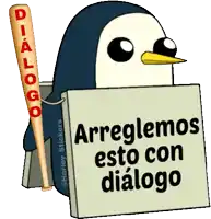 a penguin holding a sign that says arreglenos