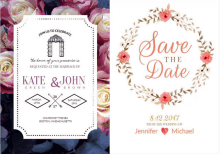 a wedding invitation for kate and john green brown and a save the date for jennifer and michael