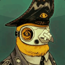 a cartoon drawing of an owl wearing a hat , goggles and a suit .