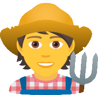 a man wearing a straw hat and overalls holds a pitchfork