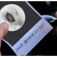 a person holding a picture of a bug next to a note that says do n't believe his lies