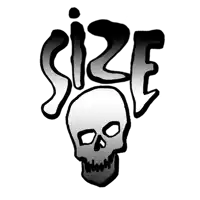 a drawing of a skull with the word size written above it