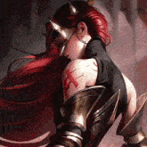 a woman with long red hair is wearing a helmet and armor