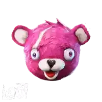 a pink teddy bear with purple eyes and a white nose