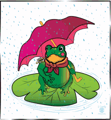 a frog on a lily pad holding an umbrella