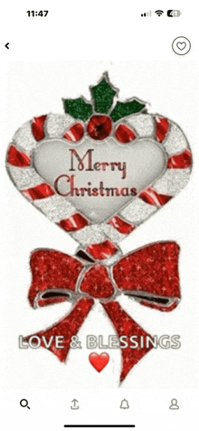 a phone screen with a candy cane in the shape of a heart and the words merry christmas