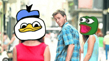 a man and a woman are standing on a street with a duck head and a frog head .