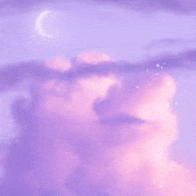 a purple sky with clouds and a crescent moon