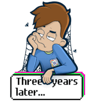 a cartoon of a boy with the words three years later