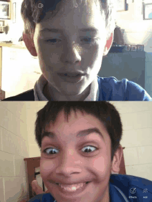 two boys are having a video call and one of them is making a face