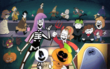 a group of cartoon characters are dressed in halloween costumes including a skeleton and a pumpkin