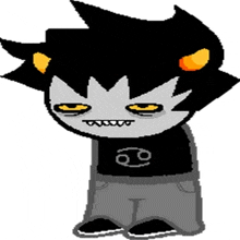 a pixel art of a cartoon character wearing a black shirt with a cancer symbol on it .