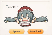 a cartoon of a girl with a plate of food and a button that says " give food "