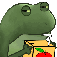 a frog drinking an apple juice box through a straw