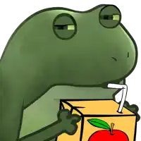 a frog drinking an apple juice box through a straw