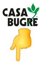 a yellow hand pointing to the right under the casa bugre logo