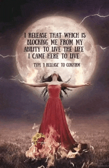 a woman in a red dress stands in front of a full moon with a quote