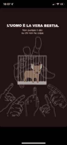 a phone screen shows a picture of a dog in a cage and says l' uomo e la vera bestia