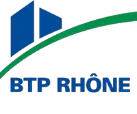 a logo for btp rhone with a blue building