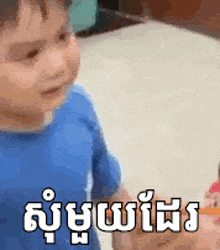 a little boy in a blue shirt is standing in front of a cake with a foreign language written on it .