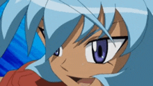 a close up of a anime character with blue hair and purple eyes