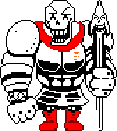 a pixel art drawing of papyrus from undertale holding a sword and a gun .