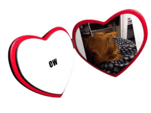 a heart shaped mirror with the word cw on the side