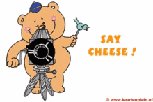 a cartoon of a teddy bear with a camera and a speech bubble saying have a smilin ' good day