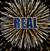 a fireworks display with the word real in blue